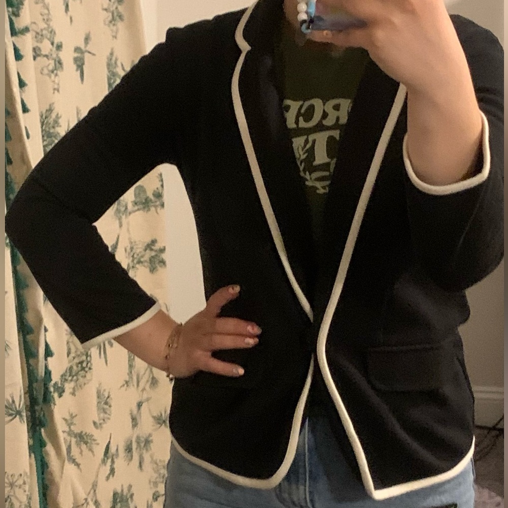 Olsenboye Knit Single button Blazer with contrast piping black